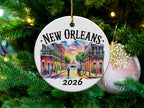 New Orleans 2026 Christmas ornament with colorful buildings and people.