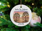Round ornament with Joshua Tree landscape and "Joshua Tree, California 2026" text.