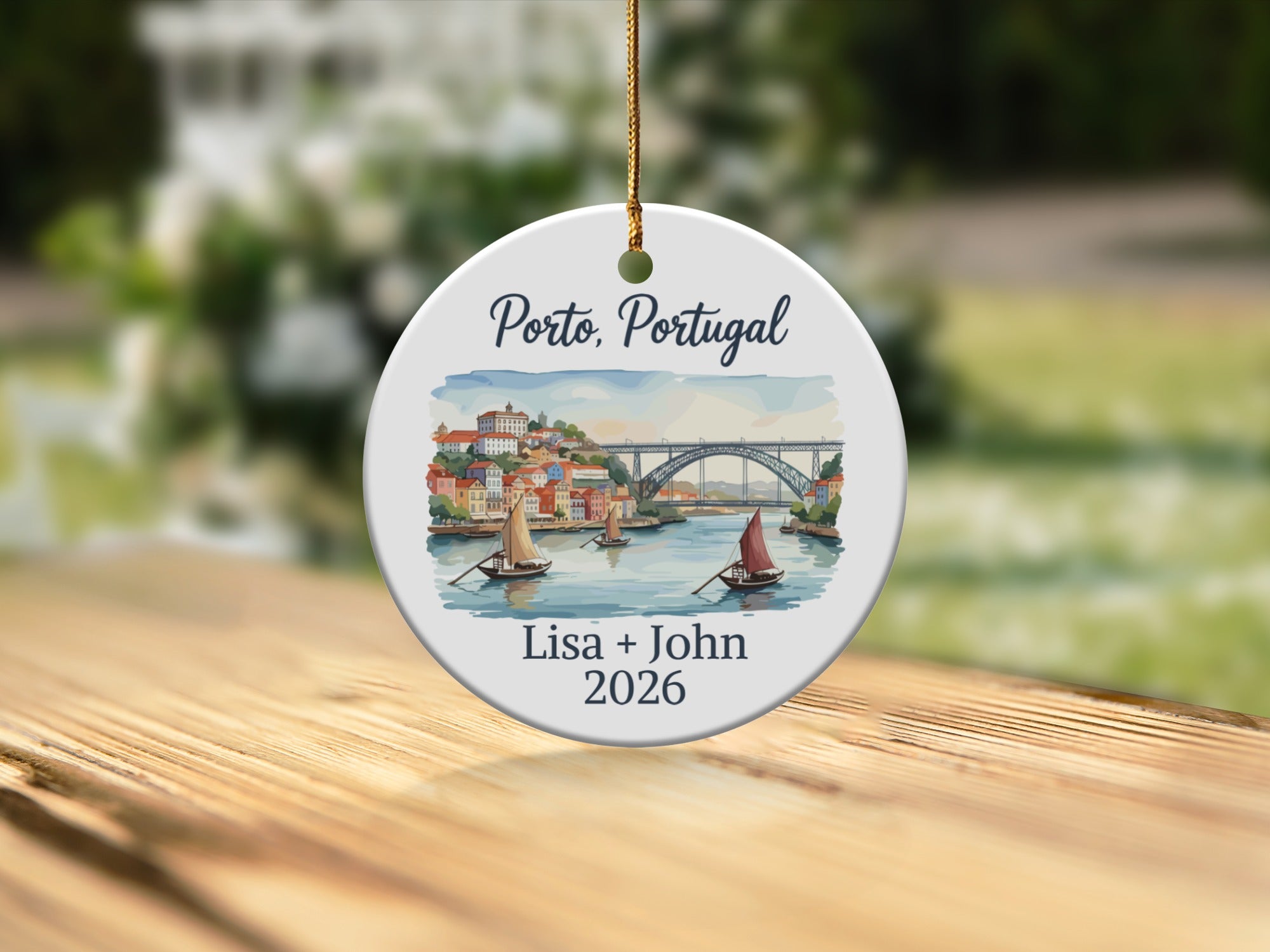 Porto, Portugal ornament with "Lisa + John" text and watercolor river scene.