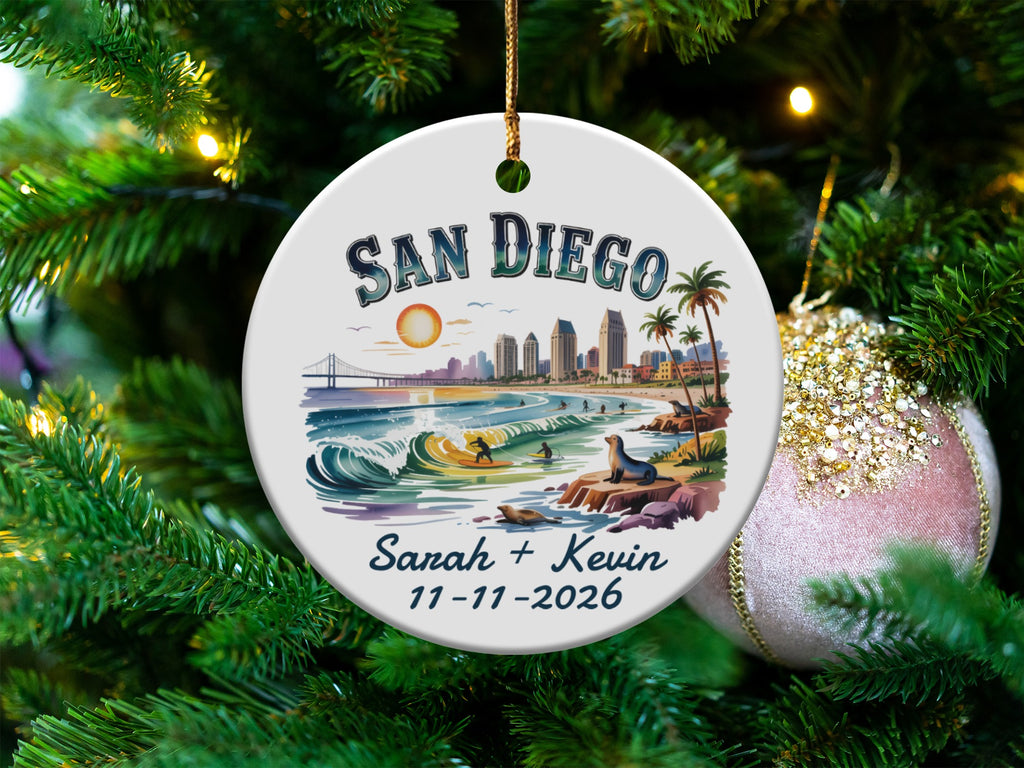 San Diego skyline and beach scene ornament with custom names and date.