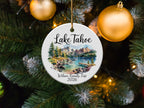 Round ornament with Lake Tahoe scene and "Wilson Family Trip 2026" text.