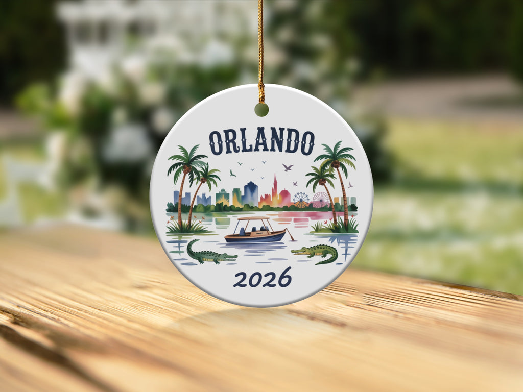 Orlando 2026 ornament with palm trees, boat, alligators, and skyline.