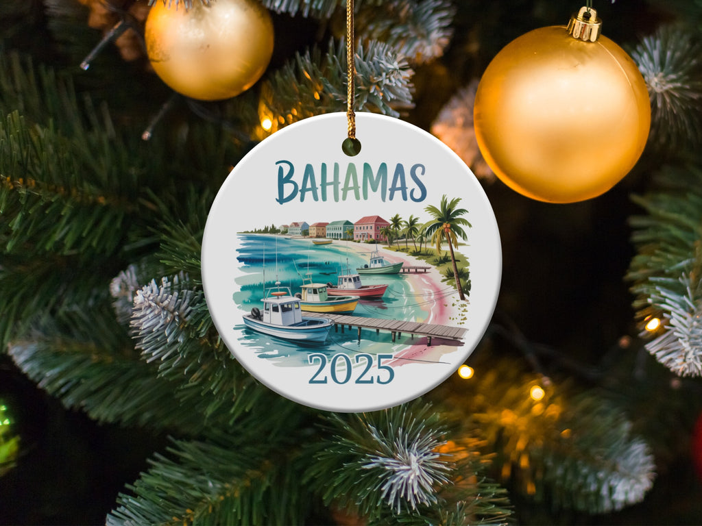 Bahamas 2025 circular ornament with boats and buildings on water.