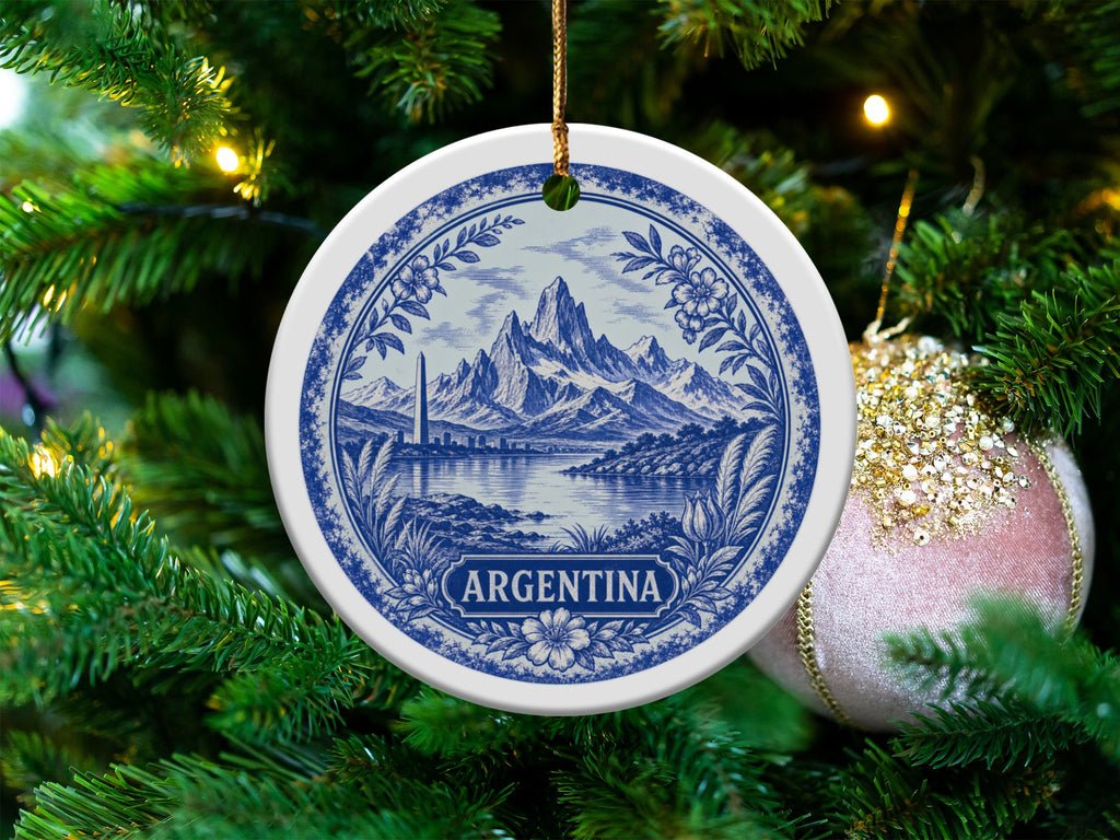 Round ceramic ornament with blue and white scenic design and "ARGENTINA" text.