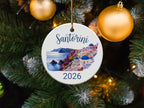 Santorini 2026 ceramic ornament on a Christmas tree.