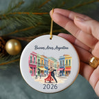 Round ornament with tango dancers and "Buenos Aires, Argentina 2026" text.
