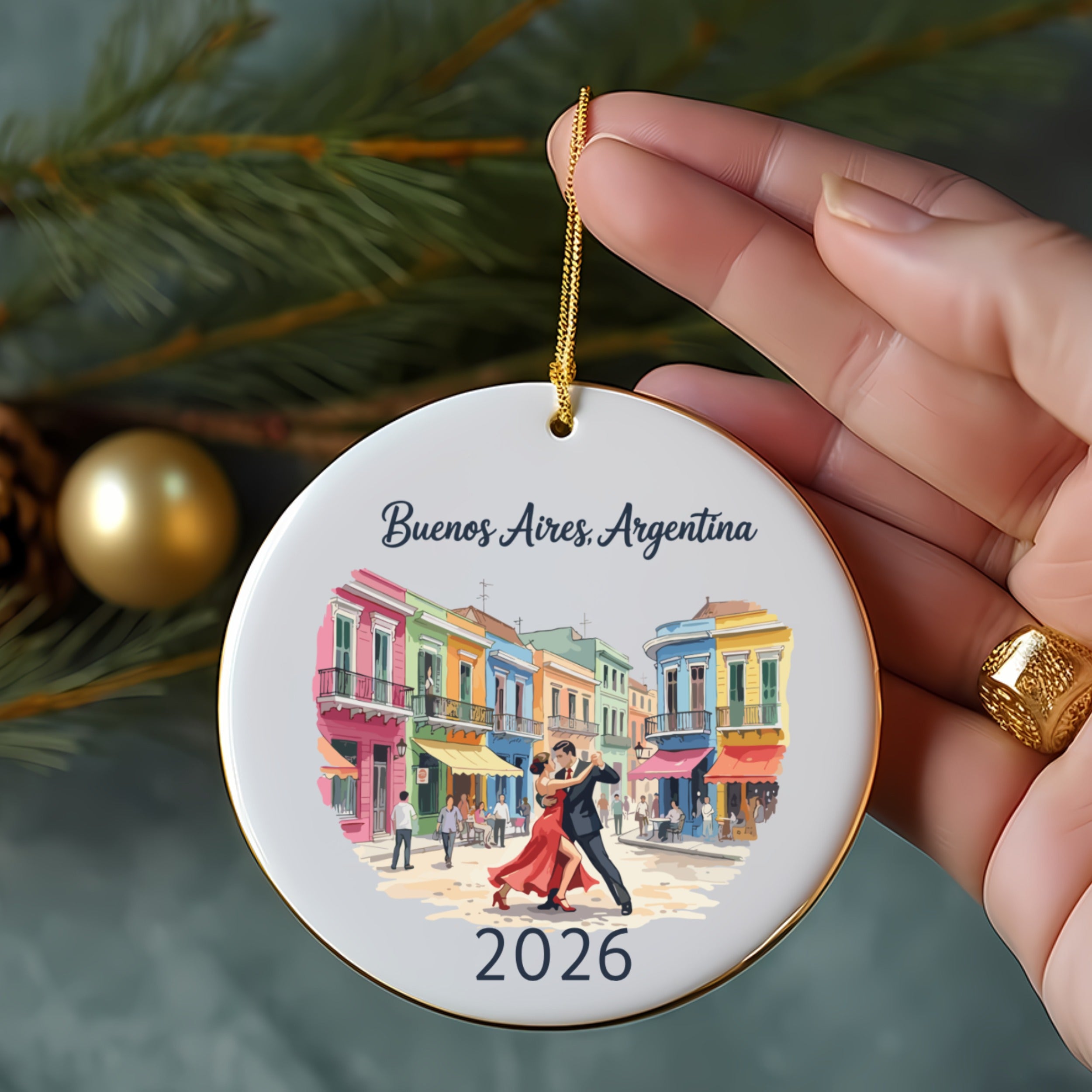 Round ornament with tango dancers and "Buenos Aires, Argentina 2026" text.