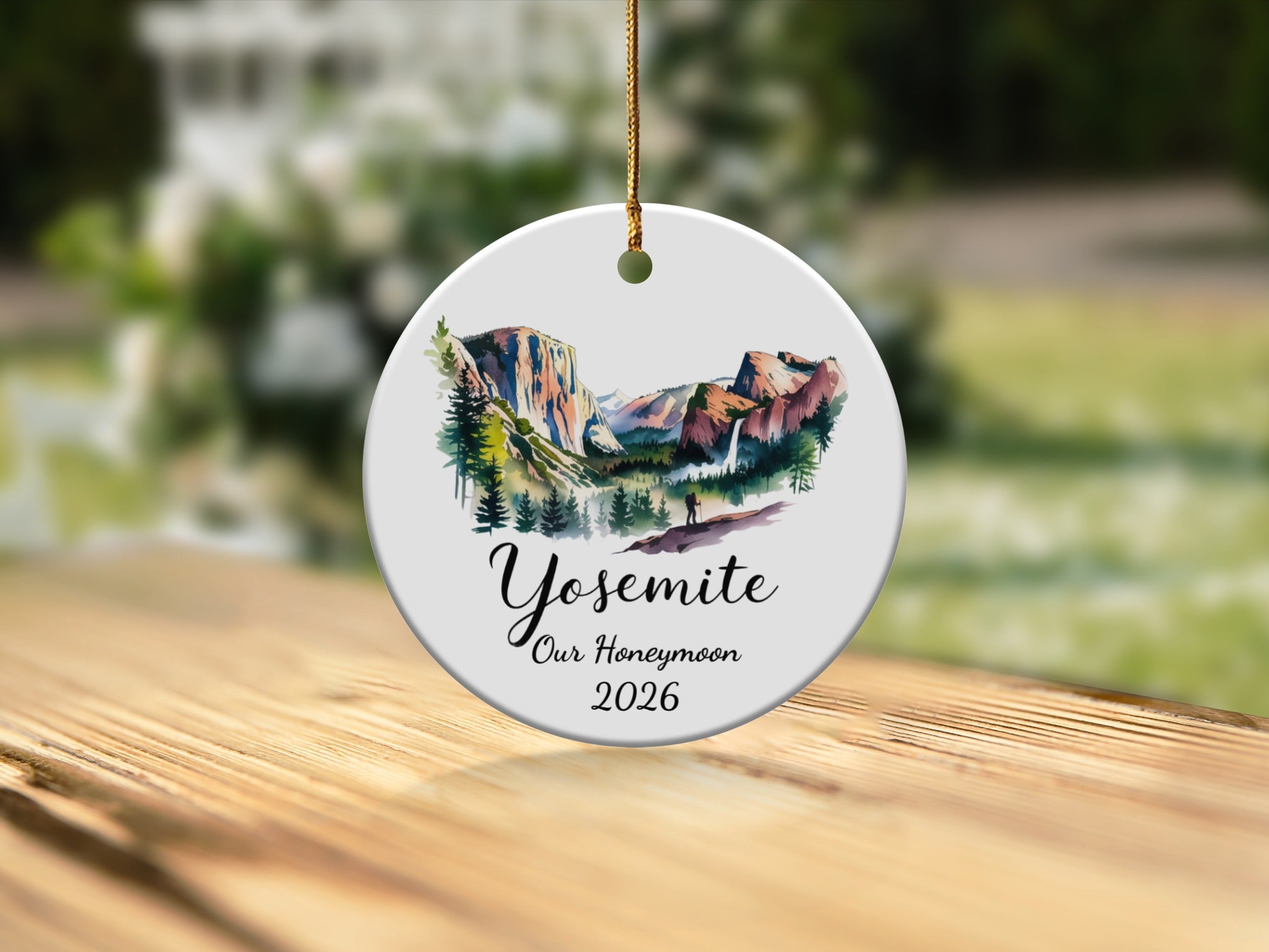 Yosemite Our Honeymoon 2026 round ceramic ornament with mountain landscape.