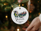 Yosemite Our Honeymoon 2026 ornament with waterfall and trees.