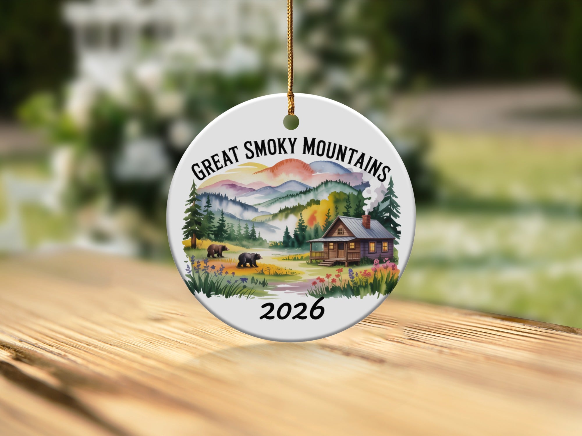 Great Smoky Mountains 2026 ceramic ornament with cabin and bears.