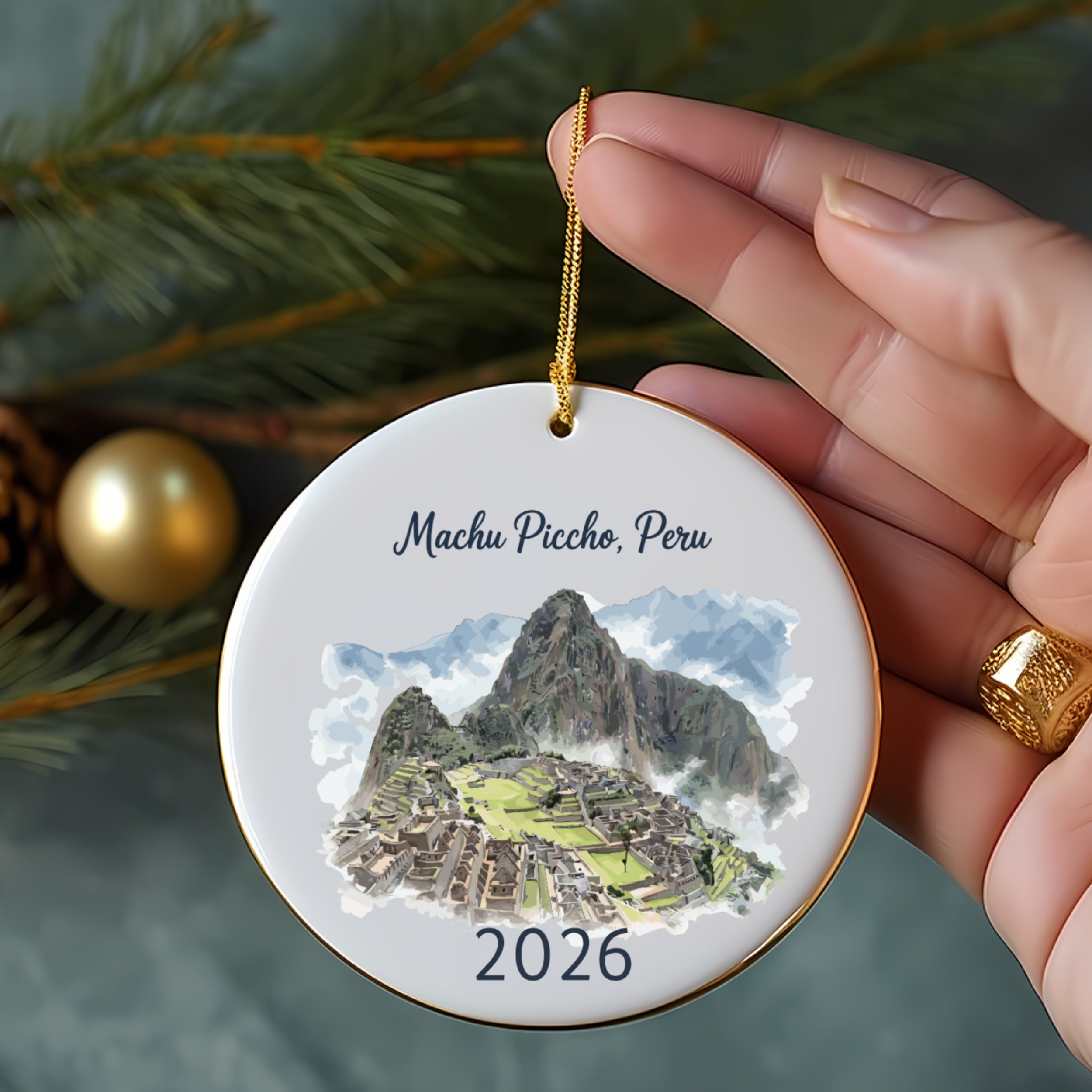 Machu Picchu, Peru ceramic ornament with a watercolor illustration.