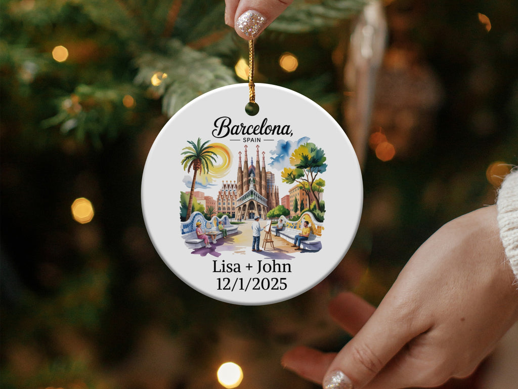 Barcelona, Spain Christmas ornament with park scene, names, and date.