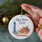 Ornament with Taipei skyline, including Taipei 101, and market stalls.