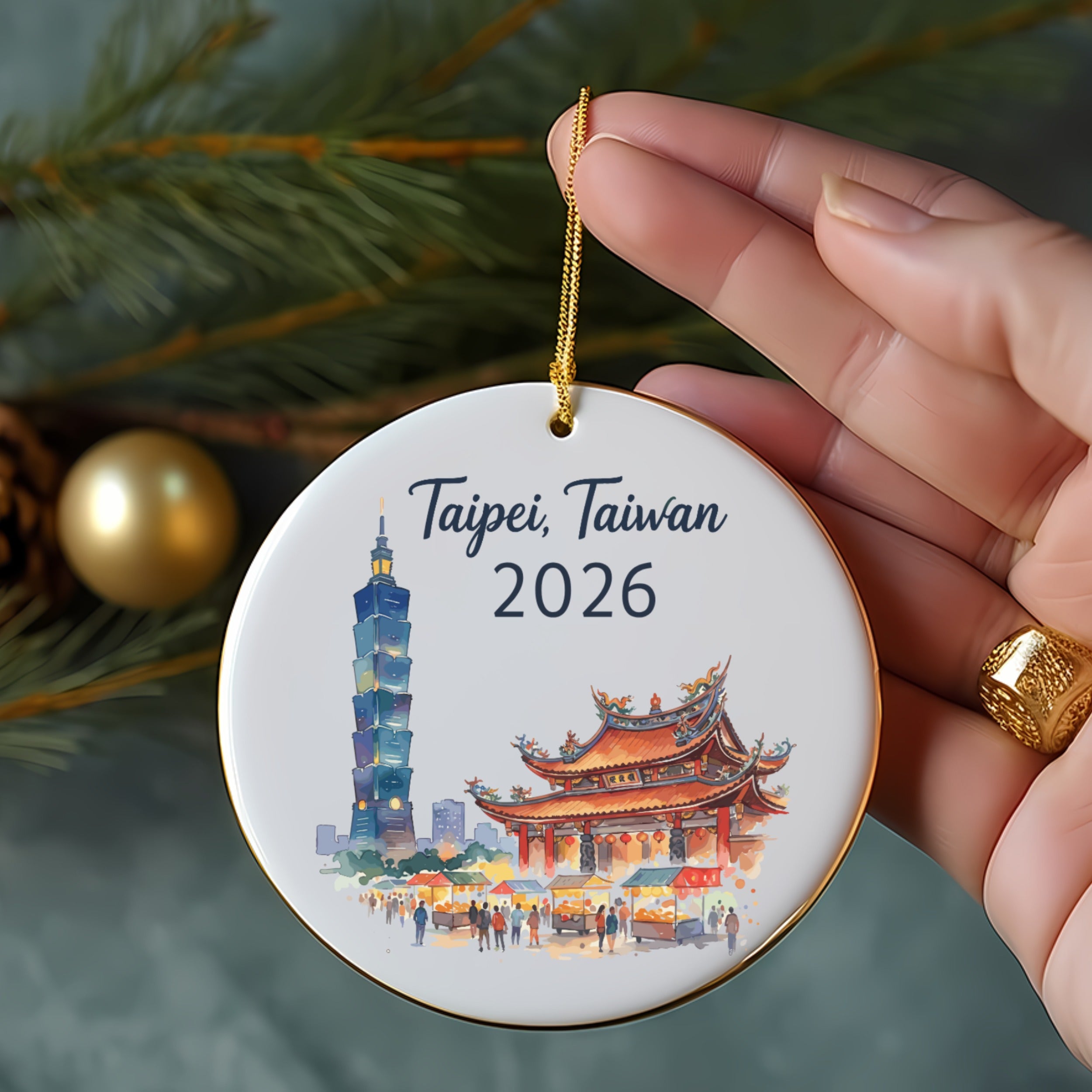 Ornament with Taipei skyline, including Taipei 101, and market stalls.