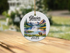 Glacier National Park ornament with bear, mountains, and lake, dated 2025.