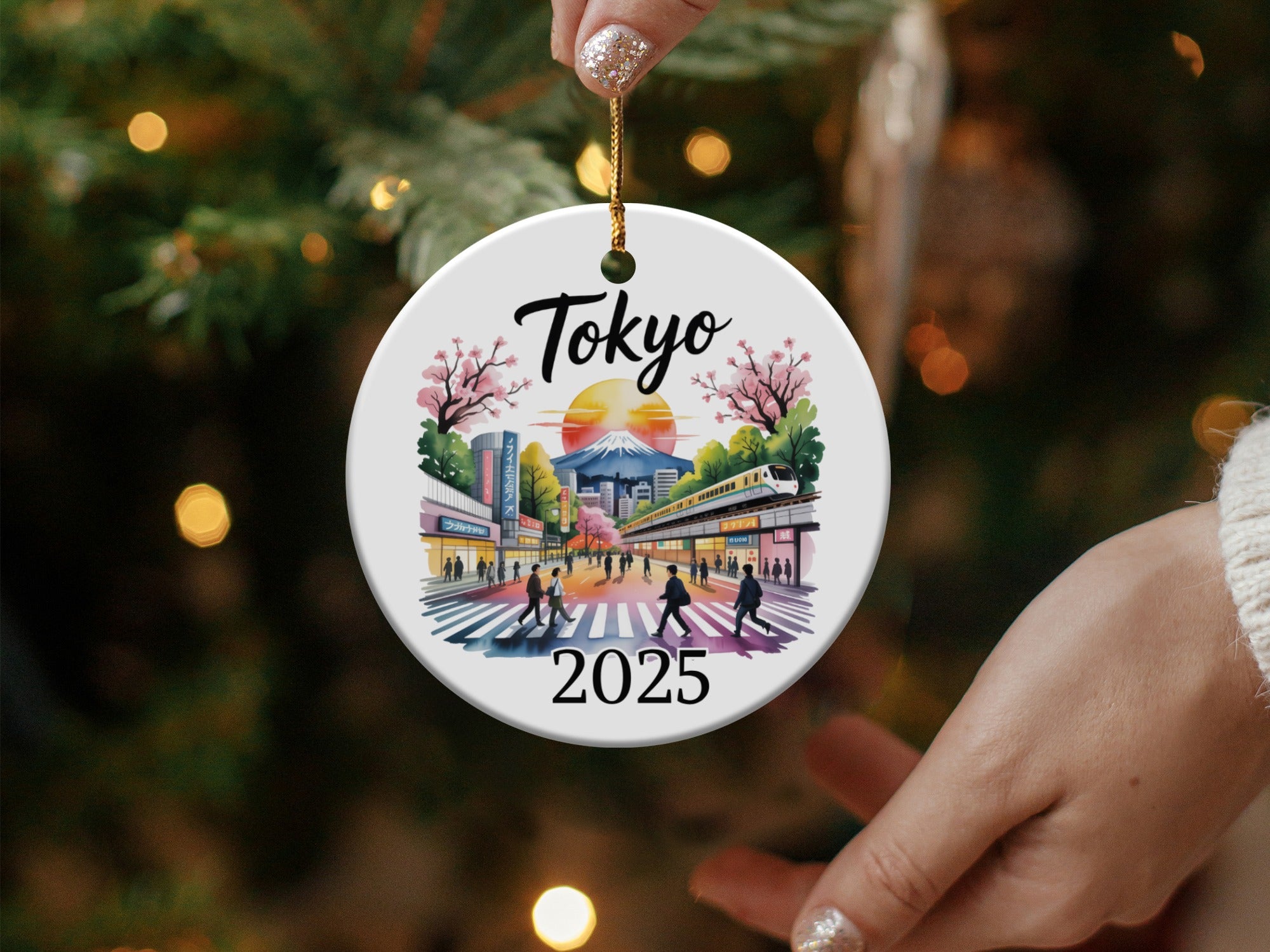 Round Tokyo 2025 ornament with Fuji and train scene.
