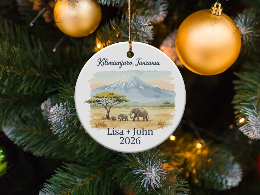 Personalized Kilimanjaro Tanzania Ornament, Custom Elephant Family Vacation Souvenir, Honeymoon Trip Gift, Safari Travel Keepsake for