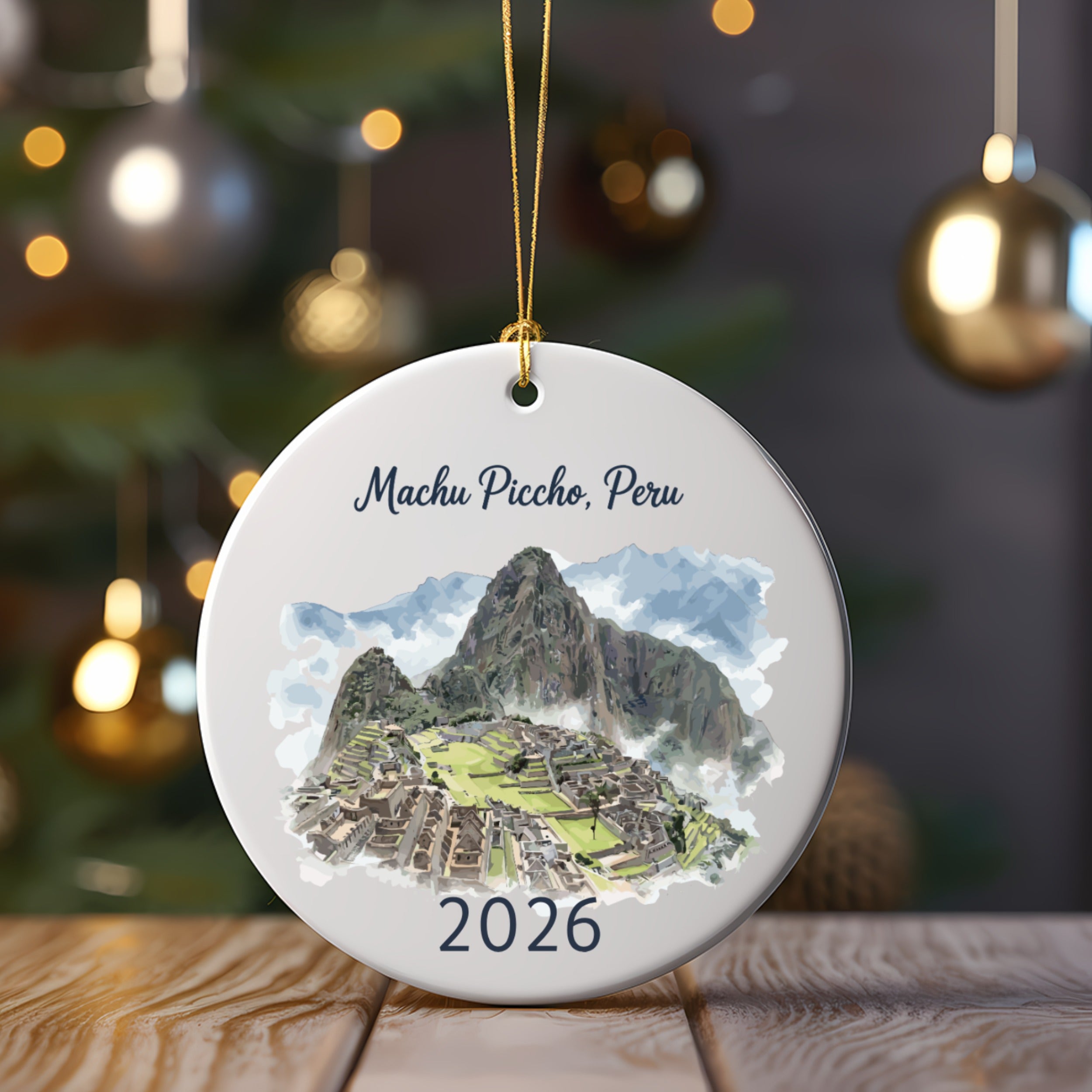 Machu Picchu, Peru 2026 ceramic ornament with a watercolor illustration.