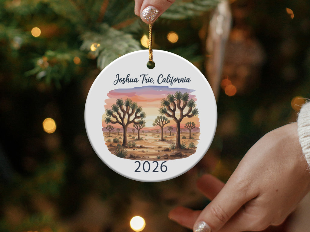 Round ornament showing Joshua Tree landscape with "Joshua Tree, California" and "2026".
