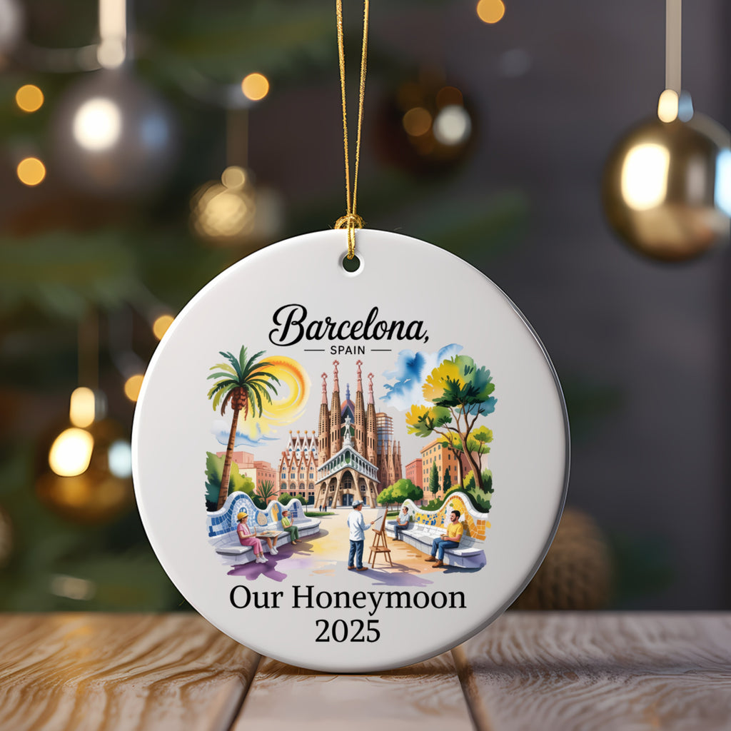 Barcelona, Spain honeymoon ornament with Sagrada Familia illustration.