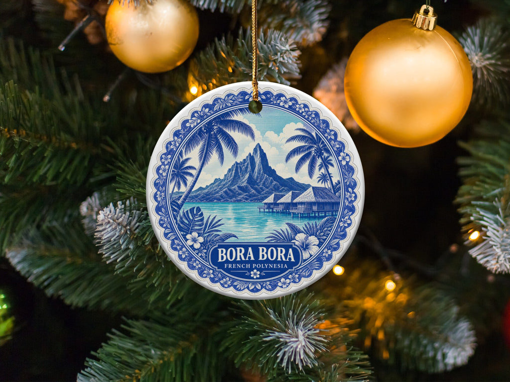 Bora Bora French Polynesia ceramic ornament with tropical island scene on Christmas tree.