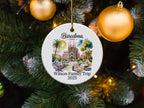 Circular ornament with Barcelona illustration, "Wilson Family Trip 2025" text.