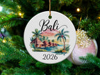 Round ornament with Bali skyline, palm trees, and "2026" text.