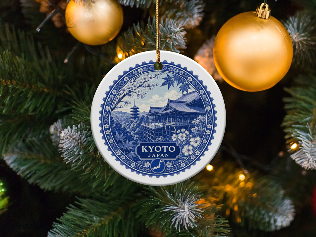 Kyoto Japan ornament with blue and white pagoda and cherry blossom design.