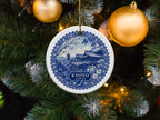Kyoto Japan ornament with blue and white pagoda and cherry blossom design.