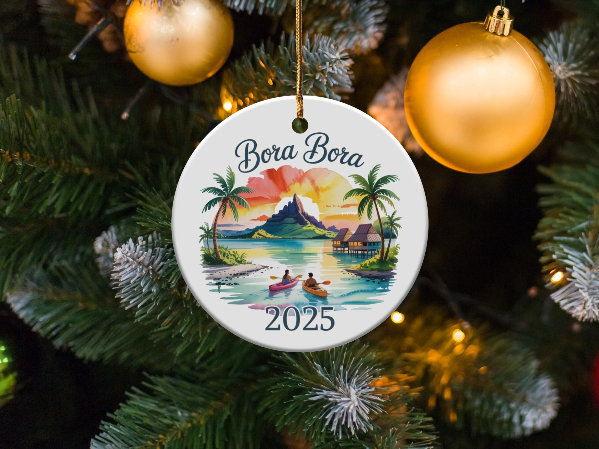 Bora Bora 2025 ornament with overwater bungalows and kayaks.