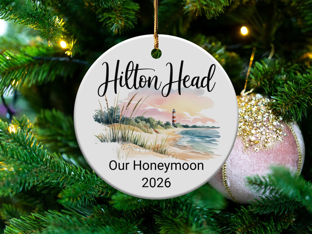 Hilton Head Our Honeymoon 2026 ornament with lighthouse and beach scene.