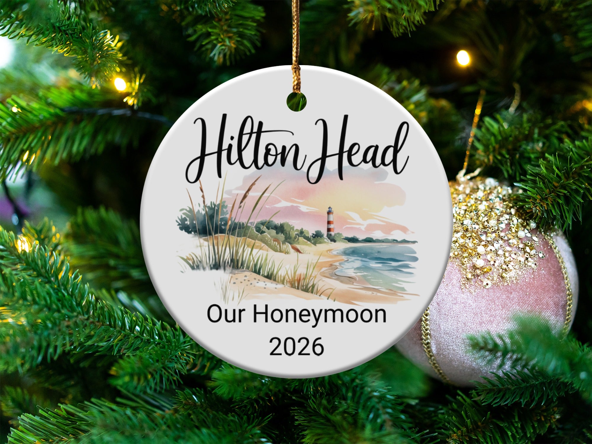 Hilton Head Our Honeymoon 2026 ornament with lighthouse and beach scene.