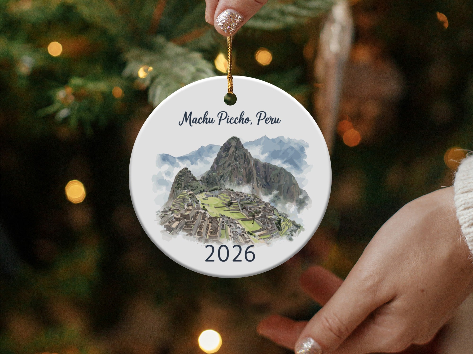 Machu Picchu, Peru ornament with mountains and ruins, dated 2026.