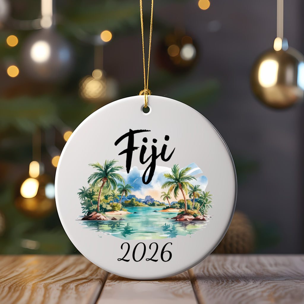 Fiji 2026 ceramic ornament with palm trees and a beach scene.
