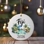 Fiji 2026 ceramic ornament with palm trees and a beach scene.