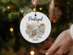 Portugal Christmas ornament with tram, text "Lisa + John 2026".