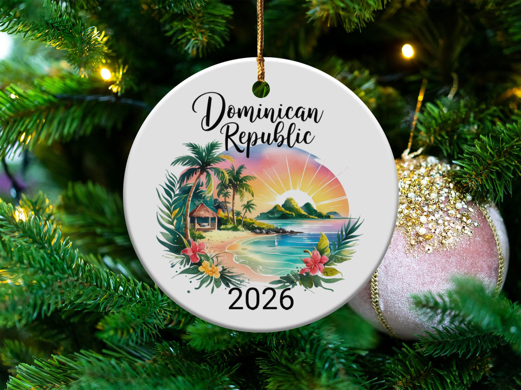 Dominican Republic tropical beach scene with palm trees and "2026" text.