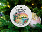 Dominican Republic tropical beach scene with palm trees and "2026" text.
