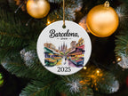 Barcelona, Spain 2025 ceramic ornament with market scene and Christmas tree.