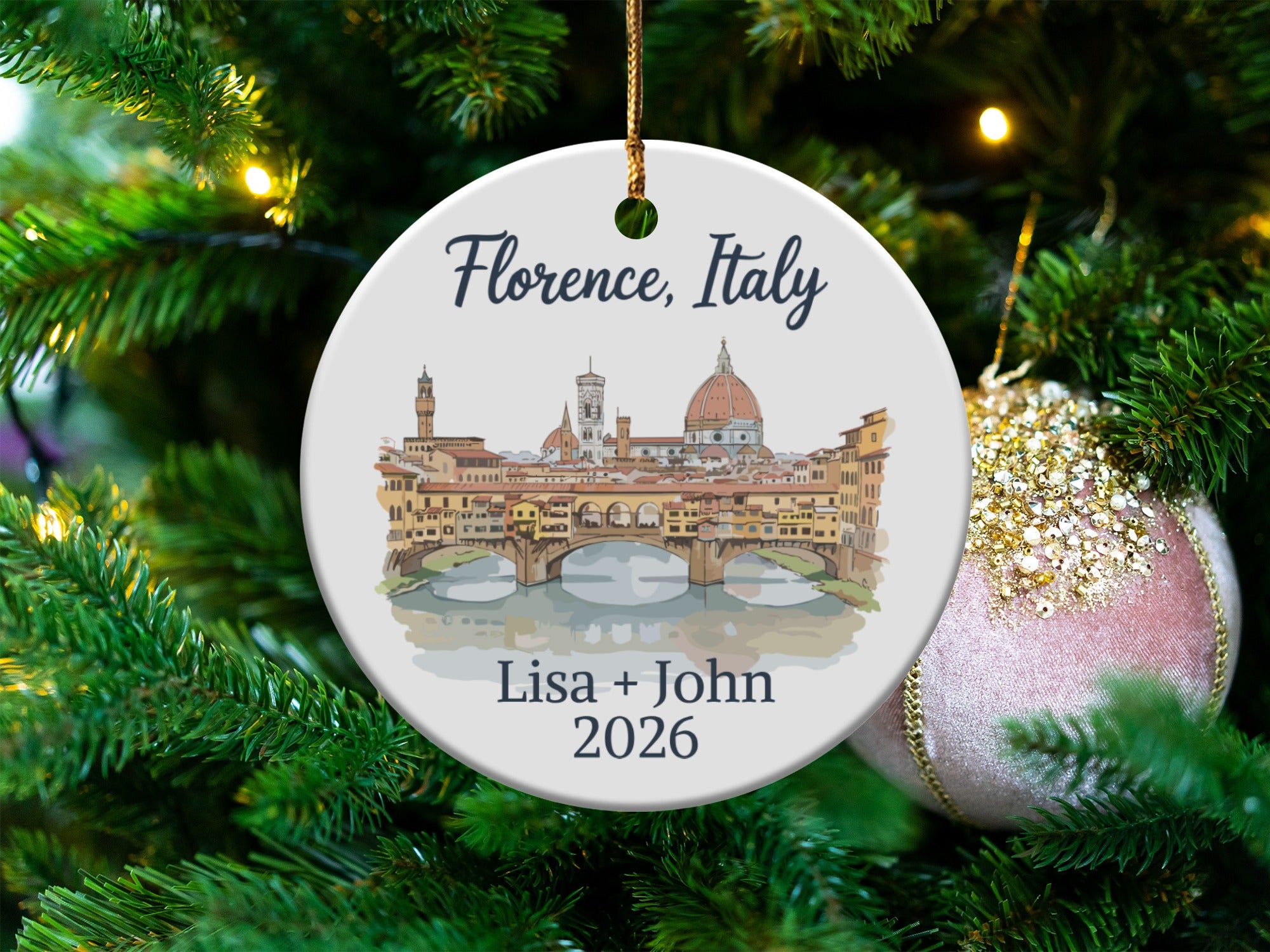 Florence, Italy ornament with Ponte Vecchio and custom names and year.