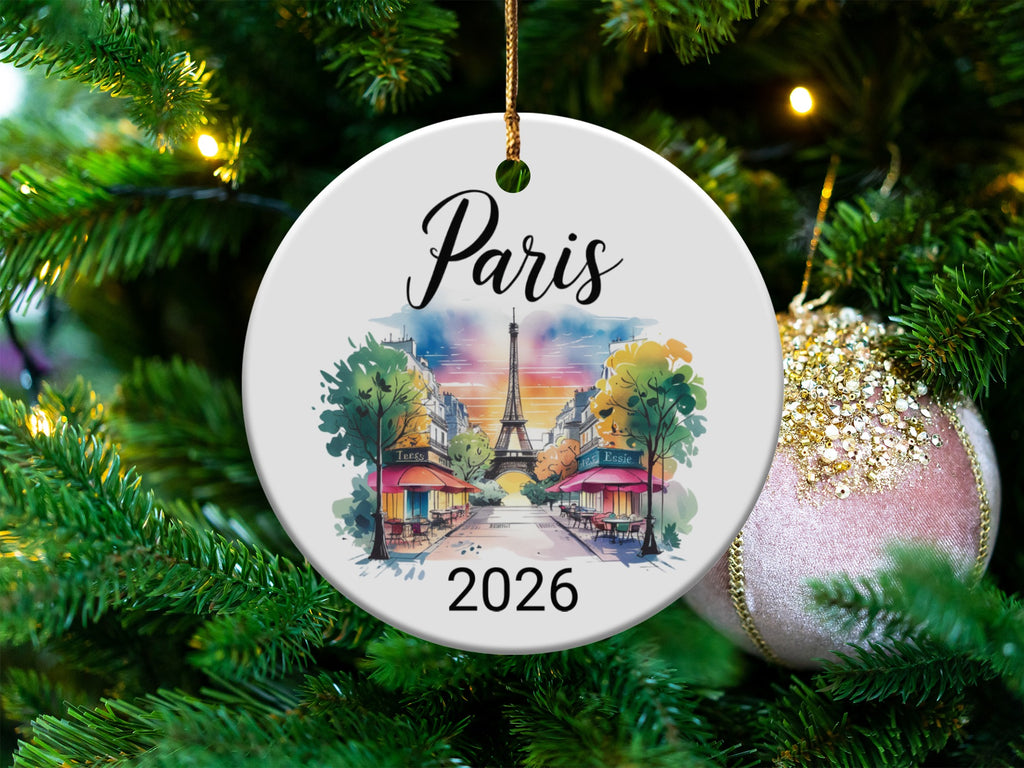 Paris 2026 ornament with Eiffel Tower street scene and lights.