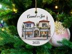 Carmel by the Sea 2025 ornament featuring buildings and "Oceaniel" and "Goodies" signs.