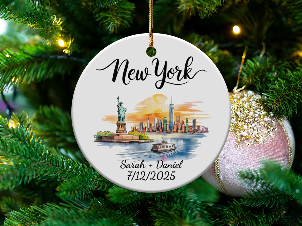 New York skyline ceramic ornament with "Sarah + Daniel 7/12/2025".