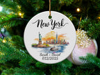New York skyline ceramic ornament with "Sarah + Daniel 7/12/2025".