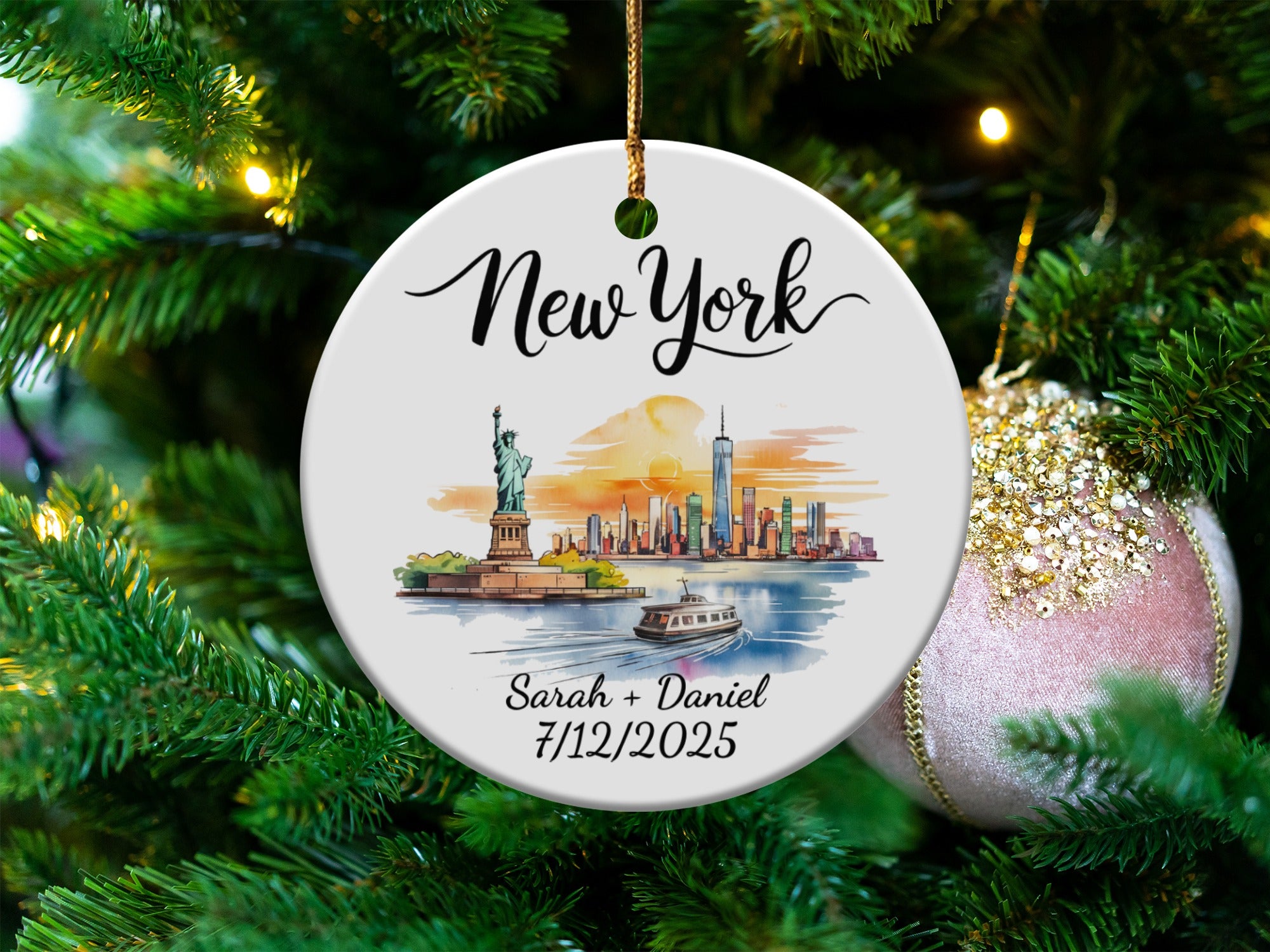 New York skyline ceramic ornament with "Sarah + Daniel 7/12/2025".