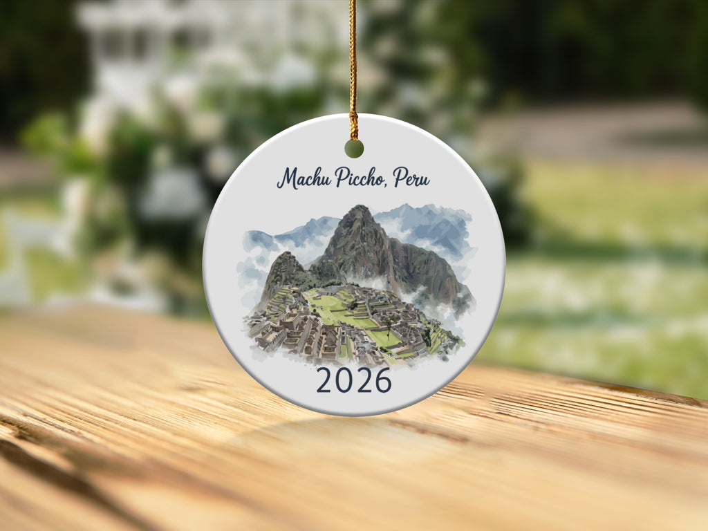 Machu Picchu, Peru ornament with mountains and the year 2026.