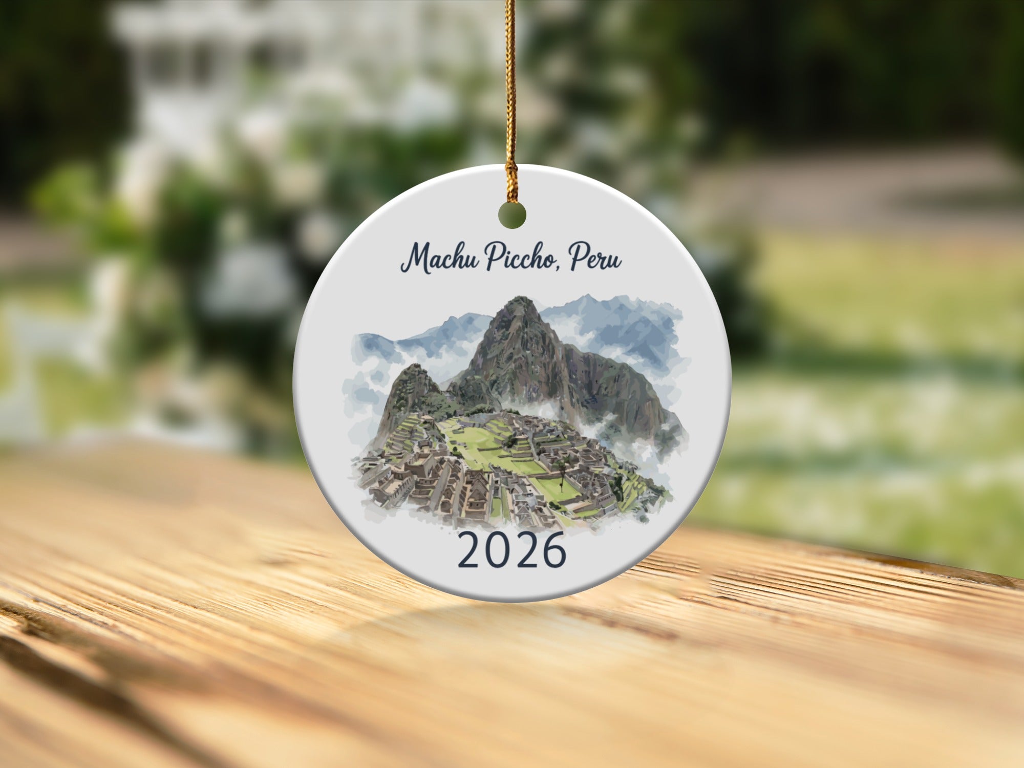 Machu Picchu, Peru ornament with mountains and the year 2026.