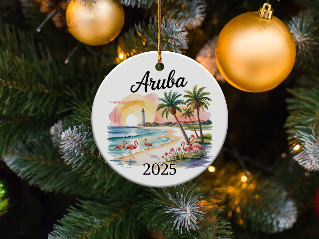 Aruba 2025 Christmas ornament with flamingos and palm trees.