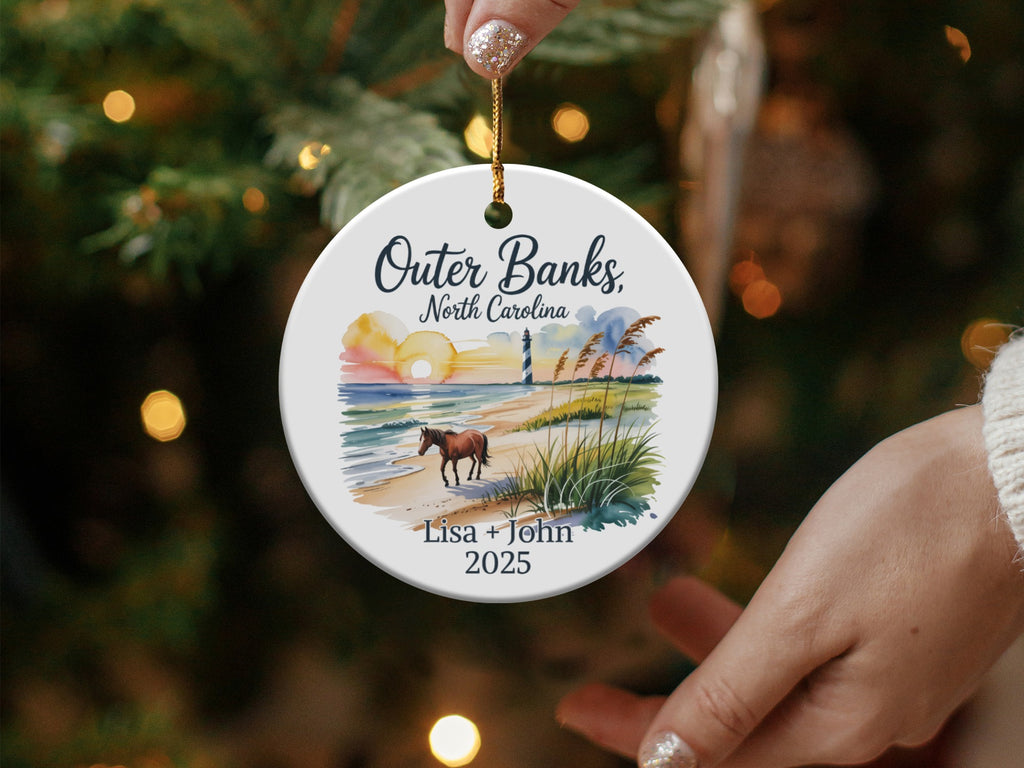 Outer Banks, North Carolina ornament with lighthouse, beach, and horses; personalized text.