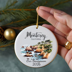 Round ceramic ornament with Monterey, California and "Our Honeymoon 2026" text.